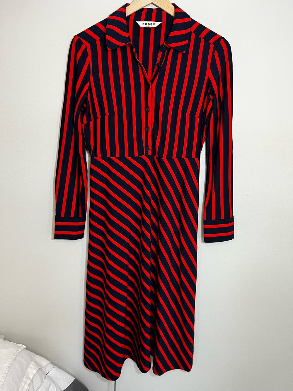 Boden Red and Navy Striped Long Sleeve Midi Shirt Dress Women’s 4P